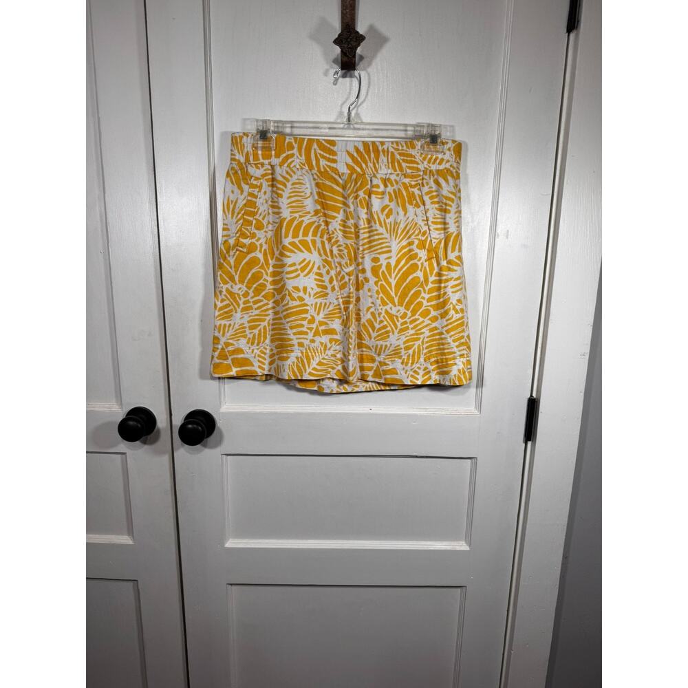 Loft Linen Rayon Skirt Women's Large Petite Yellow White Leaf Pattern w/Pockets